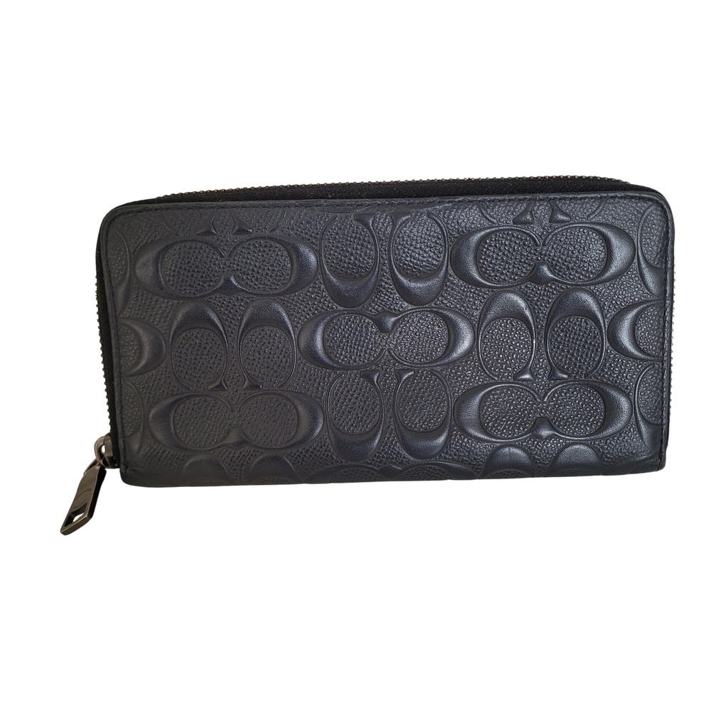 Coach Accordion Zip Wallet Navy Embossed Signature Leather Gunmetal Hardware